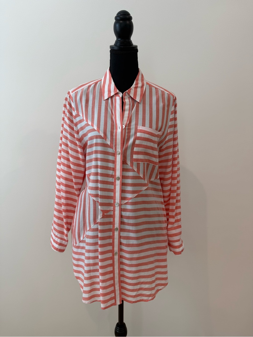 Chico’s Coral Striped Button-Down Tunic Shirt Size 1 US 8/10